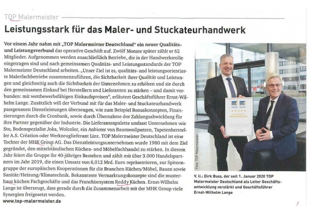 Magazinseite mit der Überschrift „Leistungsstark für das Maler- und Stuckateurhandwerk“ und einem Foto von Dirk Buss und Ernst-Wilhelm Lange mit Urkunde.